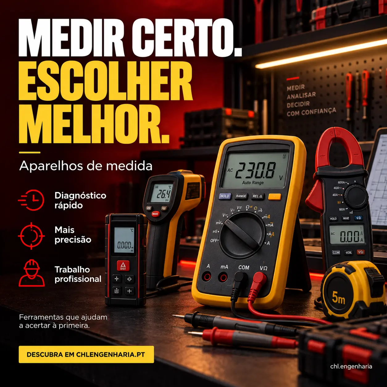 Publicação promocional de aparelhos de medida para profissionais, em tons de vermelho e amarelo