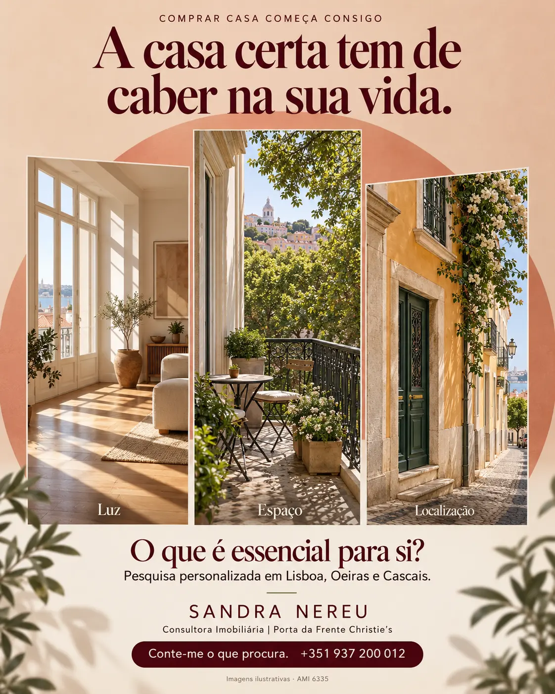 Publicação imobiliária editorial com três ambientes de casa em Lisboa e chamada para contacto