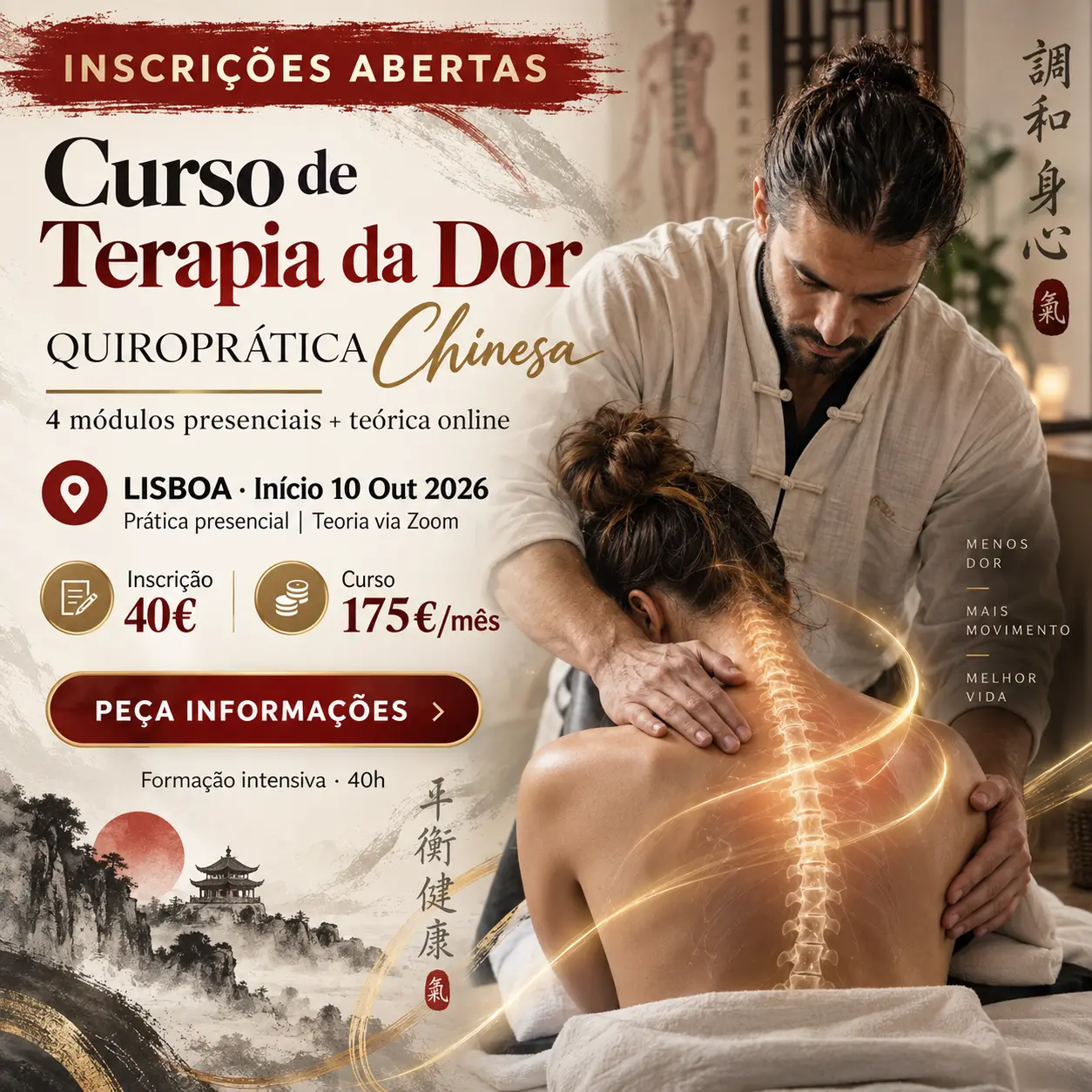 Publicação de curso de terapia da dor e quiroprática chinesa, com imagem de tratamento