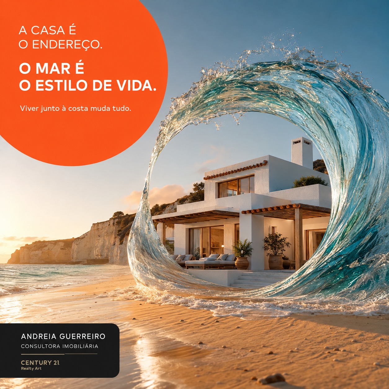 Publicação criativa com onda do mar junto a moradia na praia, sobre estilo de vida costeiro