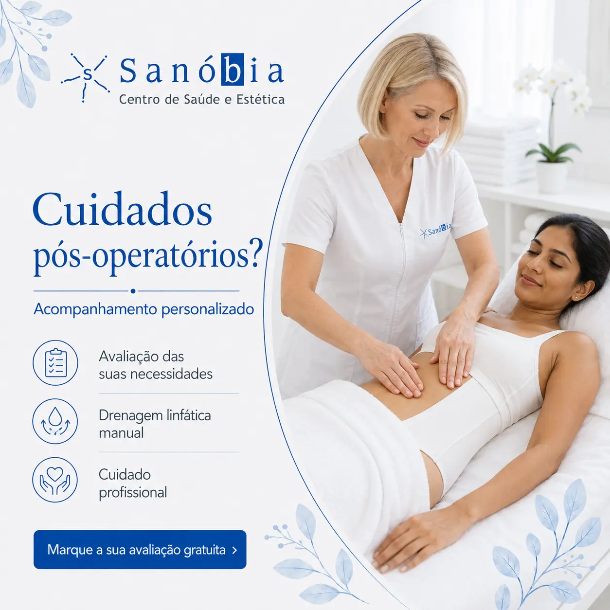 Publicação de clínica de saúde e estética sobre acompanhamento personalizado em cuidados pós-operatórios